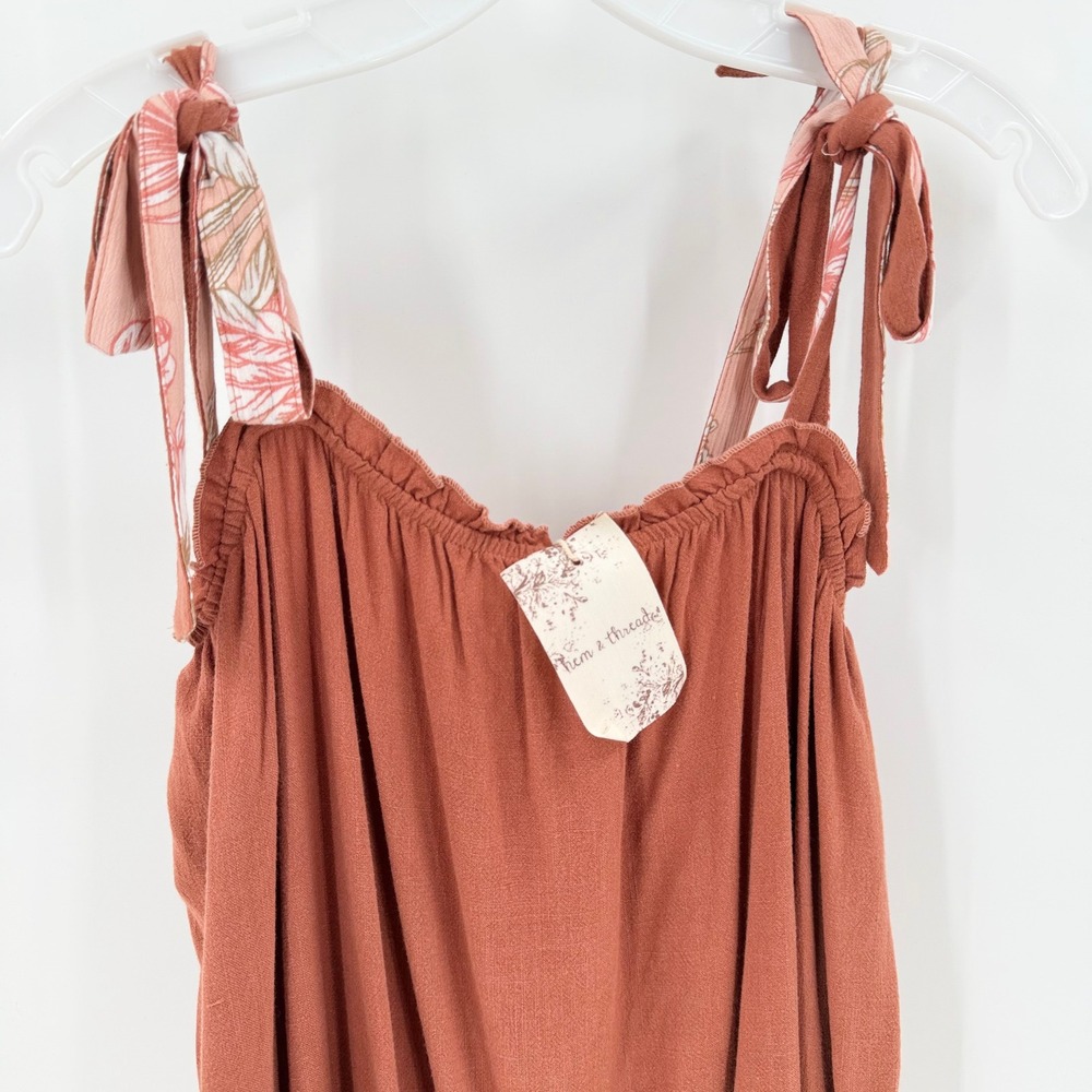 HEM & THREAD Linen Blend Tie Strap Ruffle Mini Dress Rust Large New With Tags - Picture 2 of 11